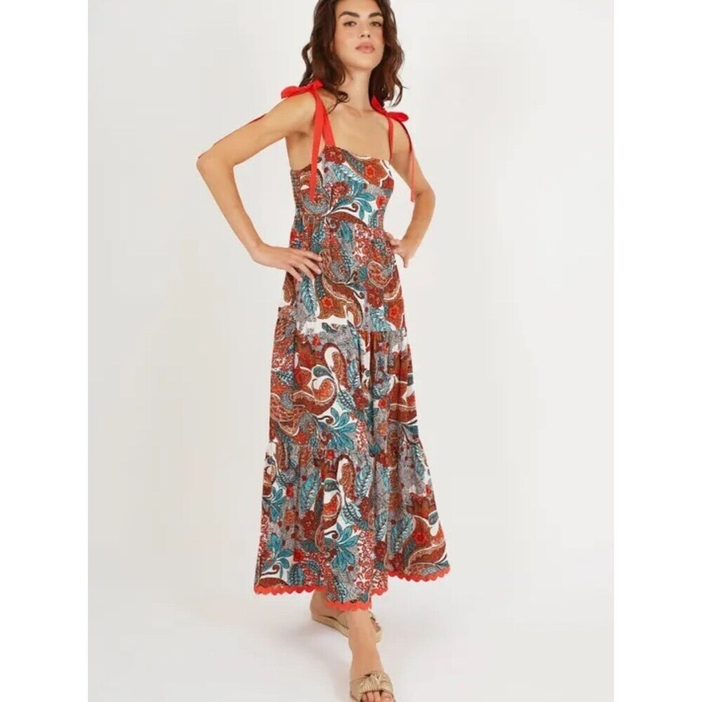 Traffic People Tiered Tie-Shoulder Paisley Maxi Dress